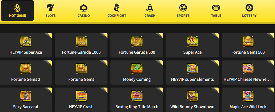 BetVisa Casino hot games lobby — HEYVIP Super Ace, Fortune Garuda 1000, Fortune Garuda 500, Super Ace, Fortune Gems 500, Fortune Gems 2, Money Coming, HEYVIP Super Elements, Boxing King, Wild Bounty Showdown, Magic Ace Wild Lock