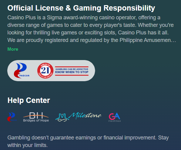 Casinoplus Pagcor License Responsible Gaming Footer