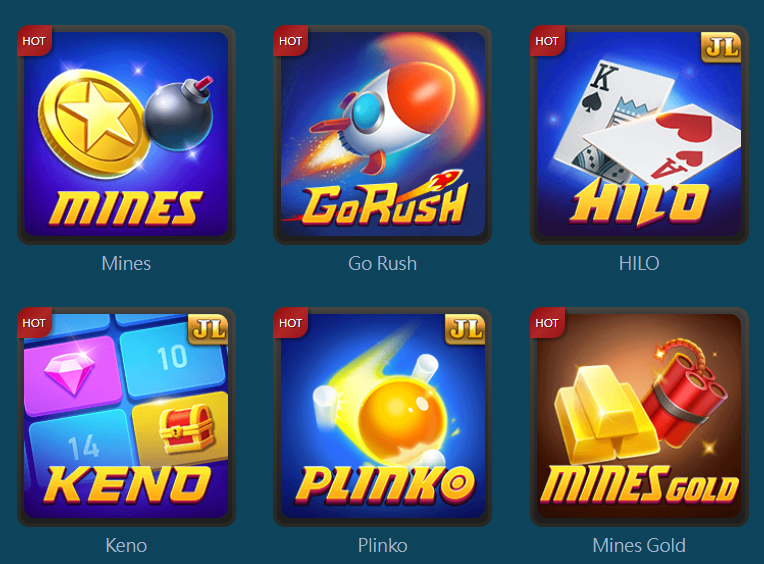 Hawkplay Casino Instant Games — Mines HOT, Go Rush HOT, HILO JL HOT, Keno JL HOT, Plinko JL HOT, Mines Gold HOT