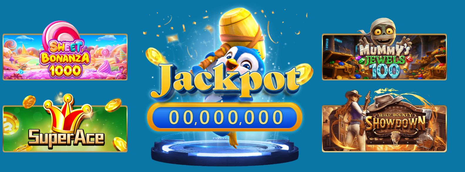 Hawkplay Casino Philippines — Live Jackpot Pool with penguin mascot. Sweet Bonanza 1000, Super Ace, Mummy's Jewels 100, Wild Bounty Showdown