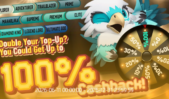 Hawkplay Casino VIP Tiers — Explorer, Adventurer, Trailblazer, Prime, Maharlika, Supreme, Premium, Elite, Diamond King, Legend Lord, Ultimate God. 100% Cashback Spin Wheel. Double Your Top-Up June 2026-December 2026.
