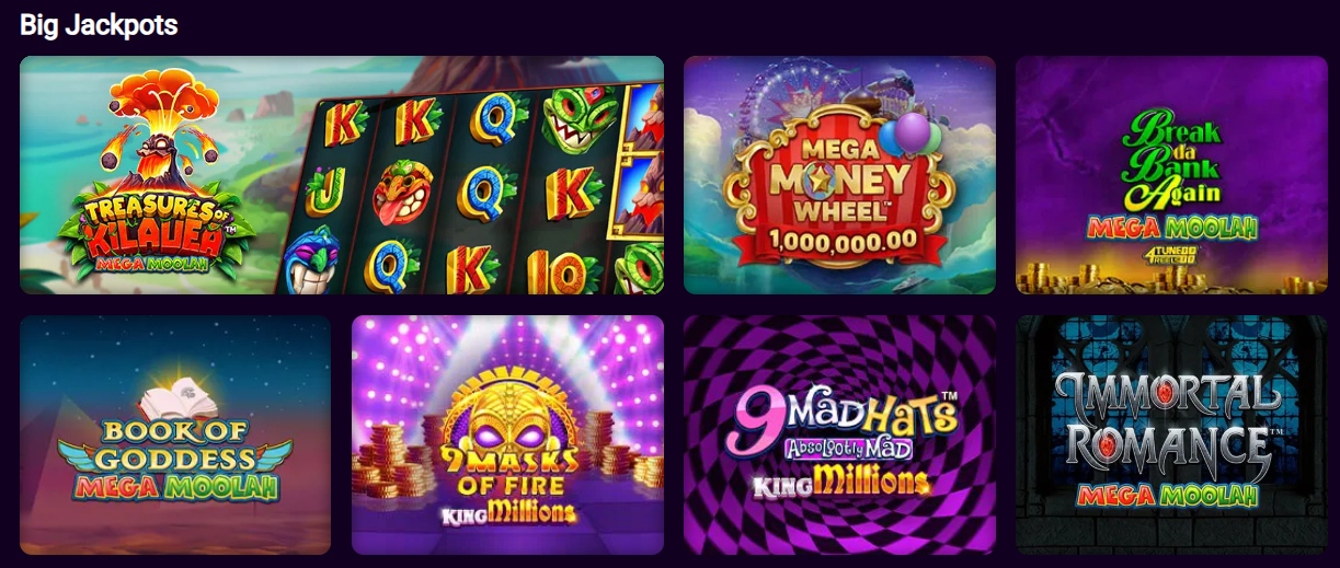 JackpotCity Casino Big Jackpots section — Mega Moolah variants, Mega Money Wheel £1M, King Millions