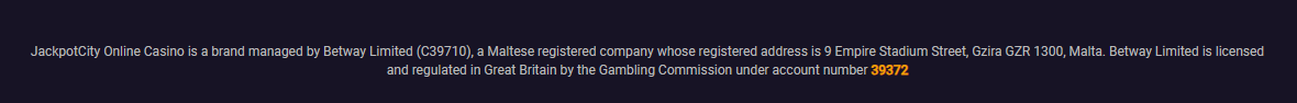 JackpotCity Casino licence footer — Betway Limited C39710, UKGC licence account number 39372, Malta