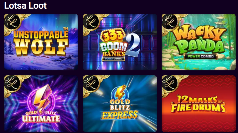 JackpotCity Casino Lotsa Loot exclusive section — Gold Blitz Ultimate, Gold Blitz Express, Unstoppable Wolf
