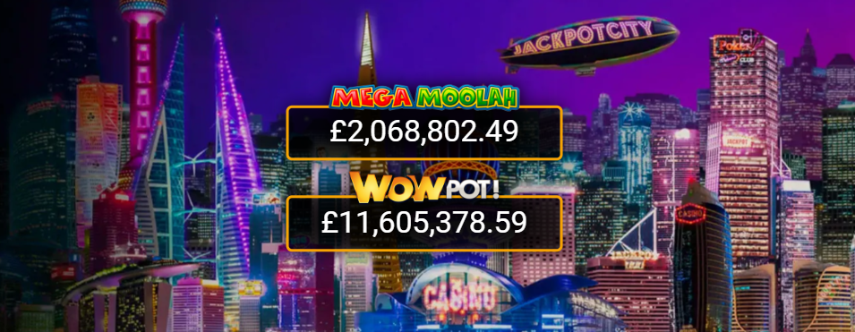JackpotCity Casino live jackpot tickers — Mega Moolah £2,068,802.49 and WowPot £11,605,378.59 on homepage