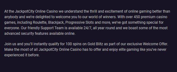 JackpotCity Casino — 450 premium games, 24/7 support, 100 Free Spins on Gold Blitz welcome offer, advanced security