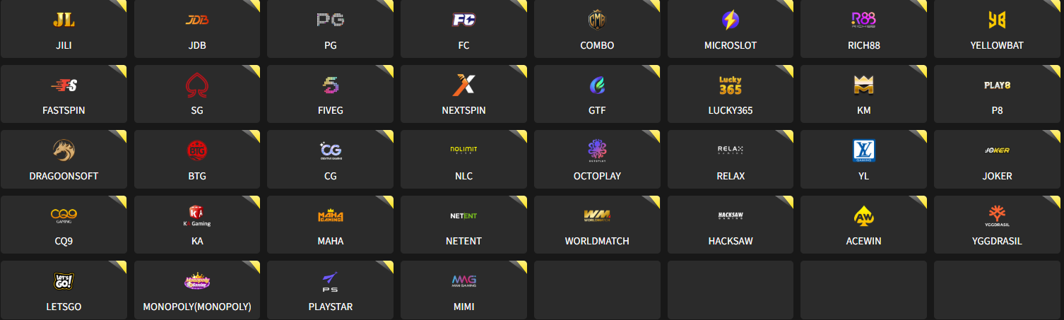 JiliBet Casino 30+ game providers: JILI, JDB, PG, FC, COMBO, MICROSLOT, RICH88, YELLOWBAT, FASTSPIN, SG, FIVEG, NEXTSPIN, BTG, CG, NLC, OCTOPLAY, RELAX, YL, JOKER, CQ9, KA, MAHA, NETENT, WORLDMATCH, HACKSAW, ACEWIN, YGGDRASIL, LETSGO, MONOPOLY, PLAYSTAR, MIMI