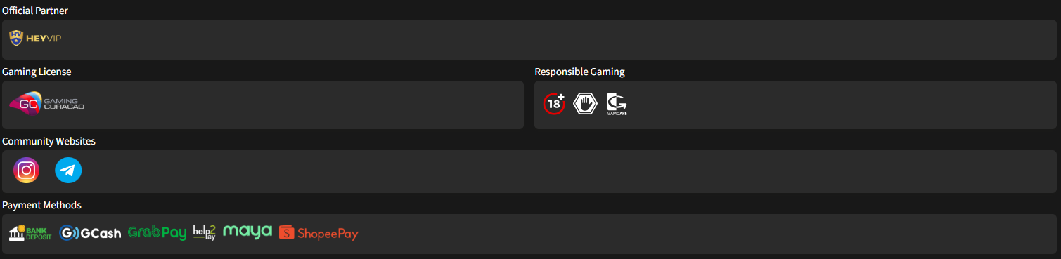 JiliBet Casino footer — Gaming Curacao licence, HeyVIP partner, GCash, GrabPay, Help2Pay, Maya, ShopeePay payment methods, responsible gaming logos