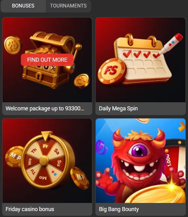 MegaPari Casino Bonuses and Tournaments — Welcome package up to 93300 PHP, Daily Mega Spin, Friday casino bonus, Big Bang Bounty
