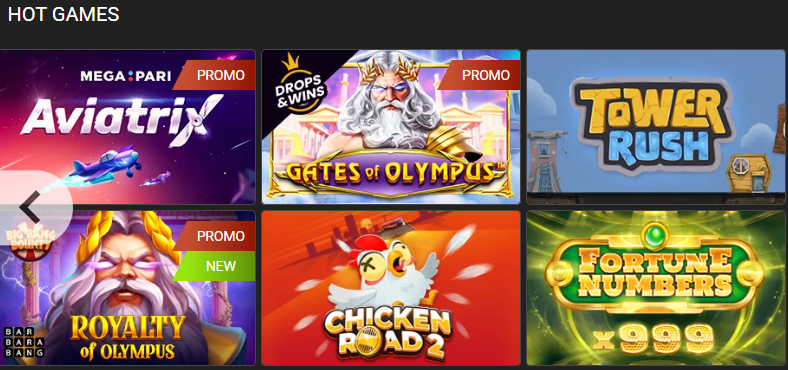 MegaPari Casino Hot Games — Aviatrix (MegaPari branded Promo), Gates of Olympus Drops and Wins Promo, Tower Rush, Royalty of Olympus Barbabang NEW, Chicken Road 2, Fortune Numbers x999