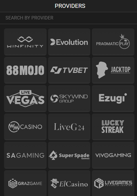 MegaPari Casino Live Casino Providers — Winfinity, Evolution, Pragmatic Play, 88Mojo, TVBET, Jacktop, Live Vegas, Skywind Group, Ezugi, WM Casino, LiveG24, Lucky Streak, SA Gaming, Super Spade Games, Vivo Gaming, GrazGame, ElCasino, LiveGames