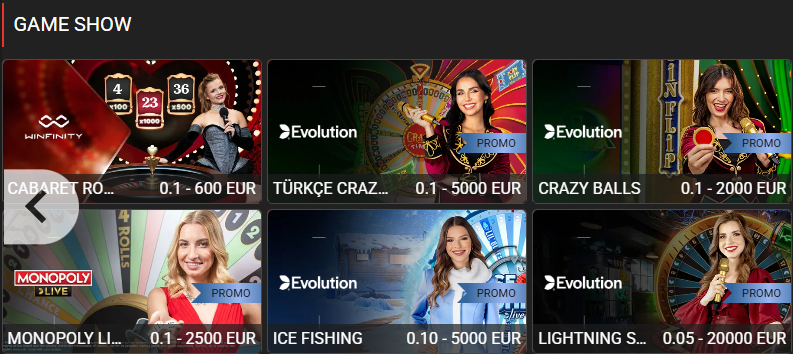 MegaPari Casino Game Show — Cabaret Roulette Winfinity, Türkçe Crazy Time Evolution, Crazy Balls Evolution, Monopoly Live Evolution Promo, Ice Fishing Evolution Promo, Lightning Storm Evolution