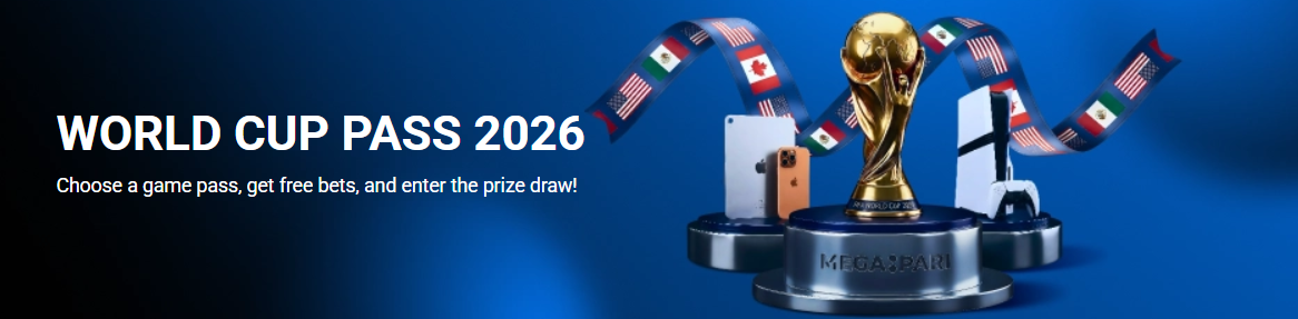 MegaPari Casino — World Cup Pass 2026: Choose a game pass, get free bets, and enter the prize draw! FIFA World Cup trophy with iPhone and PS5 prizes