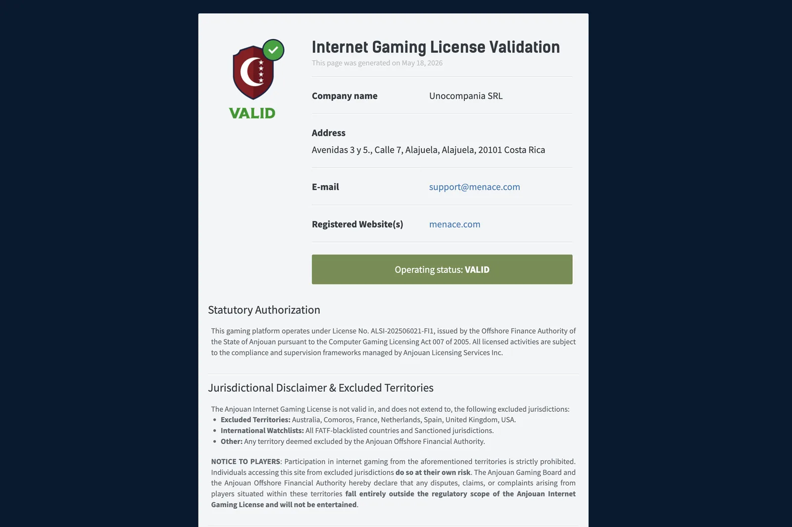 Menace Anjouan License
