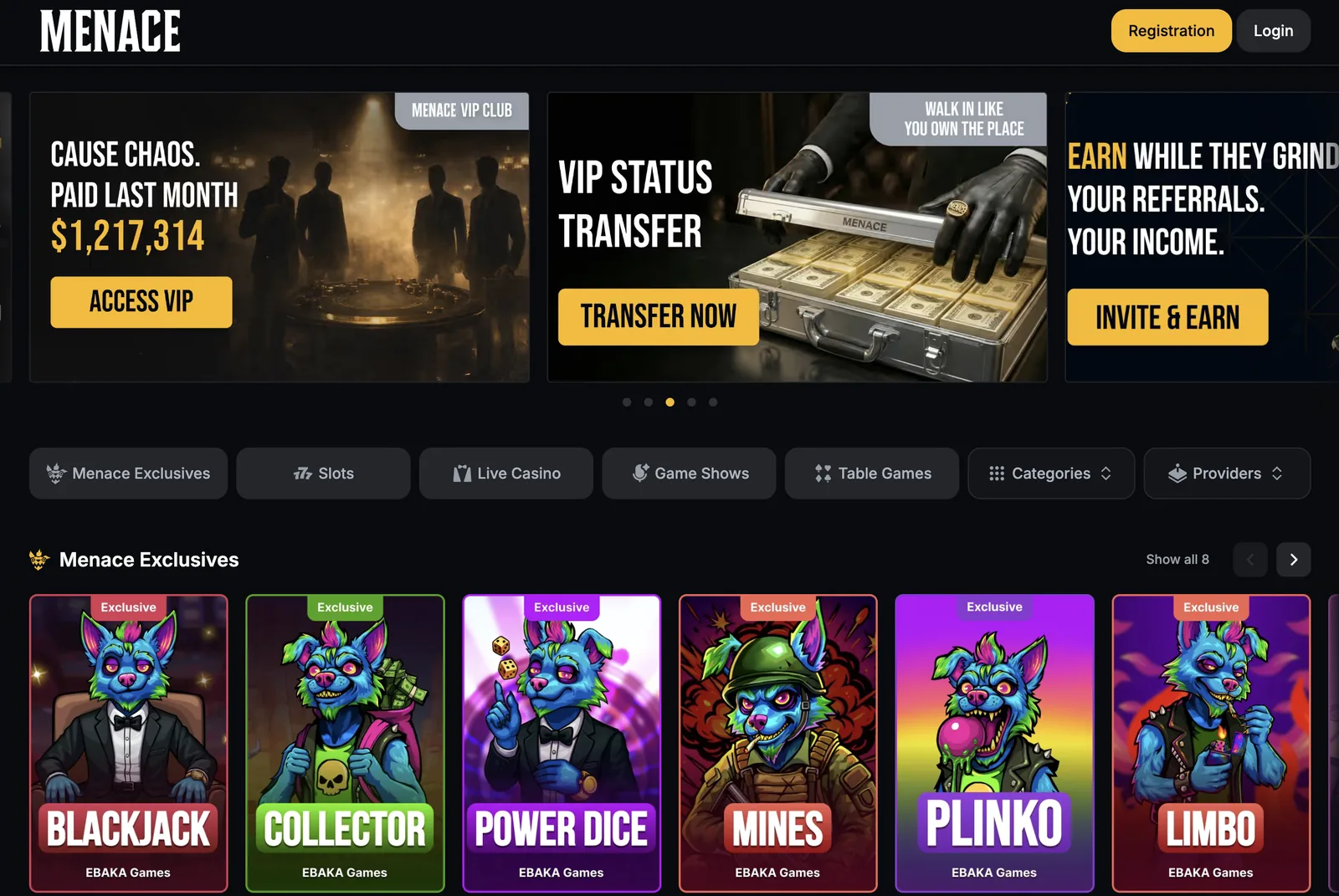 Menace Casino Homepage