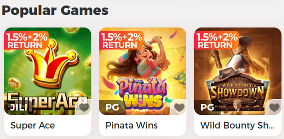 NuStar Casino mobile lobby — Popular Games: Super Ace JILI, Pinata Wins PG, Wild Bounty Showdown PG with 1.5%+2% return