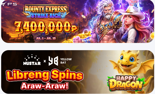 NuStar Casino current promotions — Bounty Express Strike Rich ₱7,400,000 Jul 1-15 and Libreng Spins daily