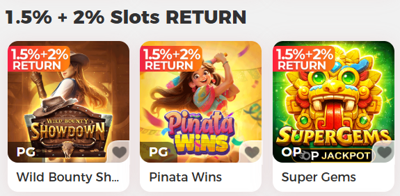 NuStar Casino PG Soft slots — Wild Bounty Showdown, Pinata Wins, Super Gems OP Jackpot with 1.5%+2% return