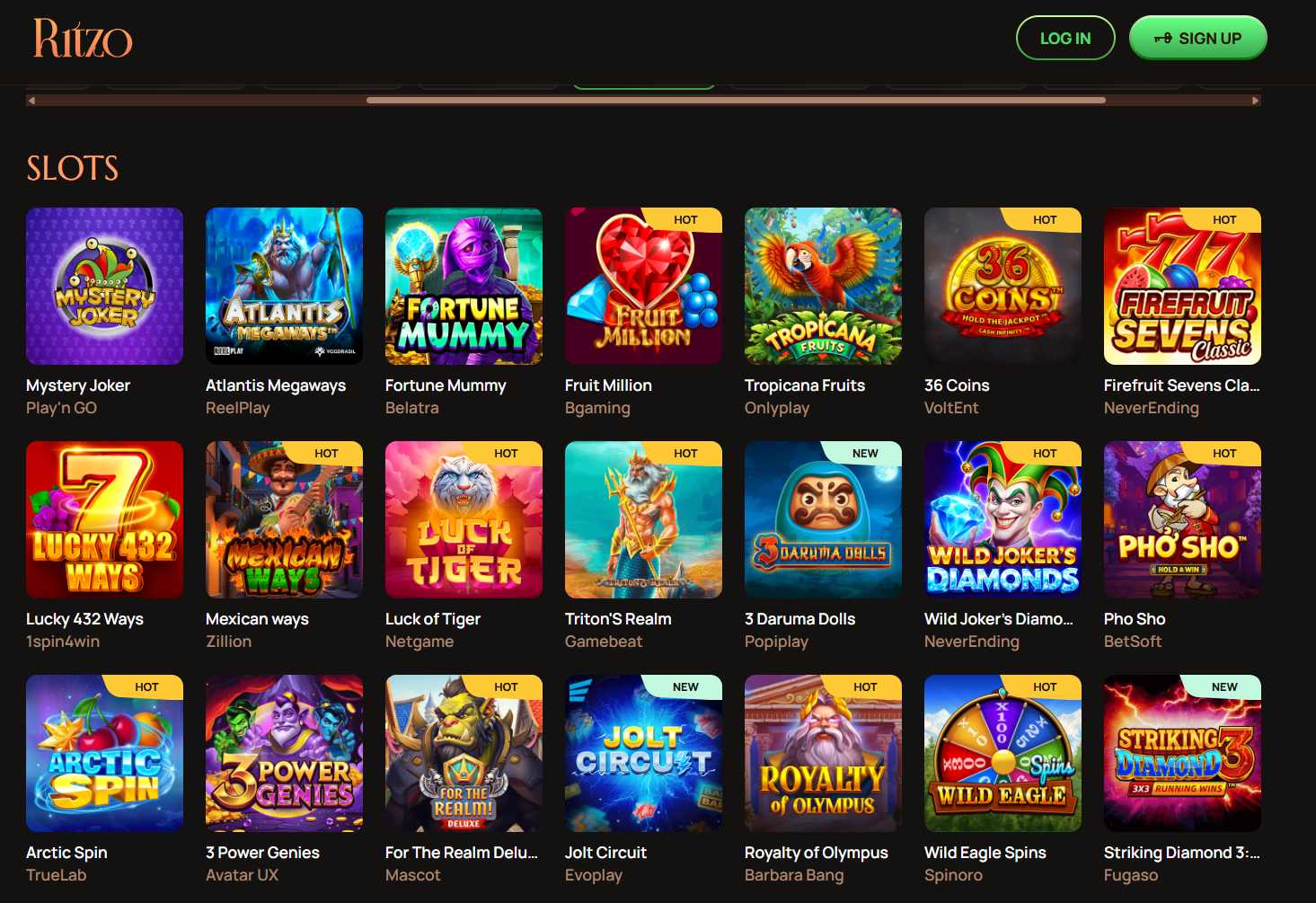 Ritzo Casino High-End Interface